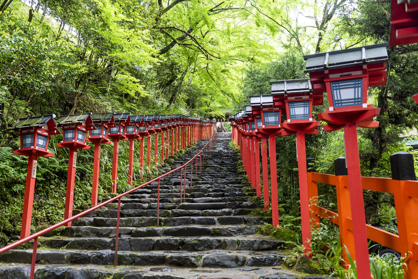 The lantern-lined stone staircase at Kifune Shrine in northern Kyoto