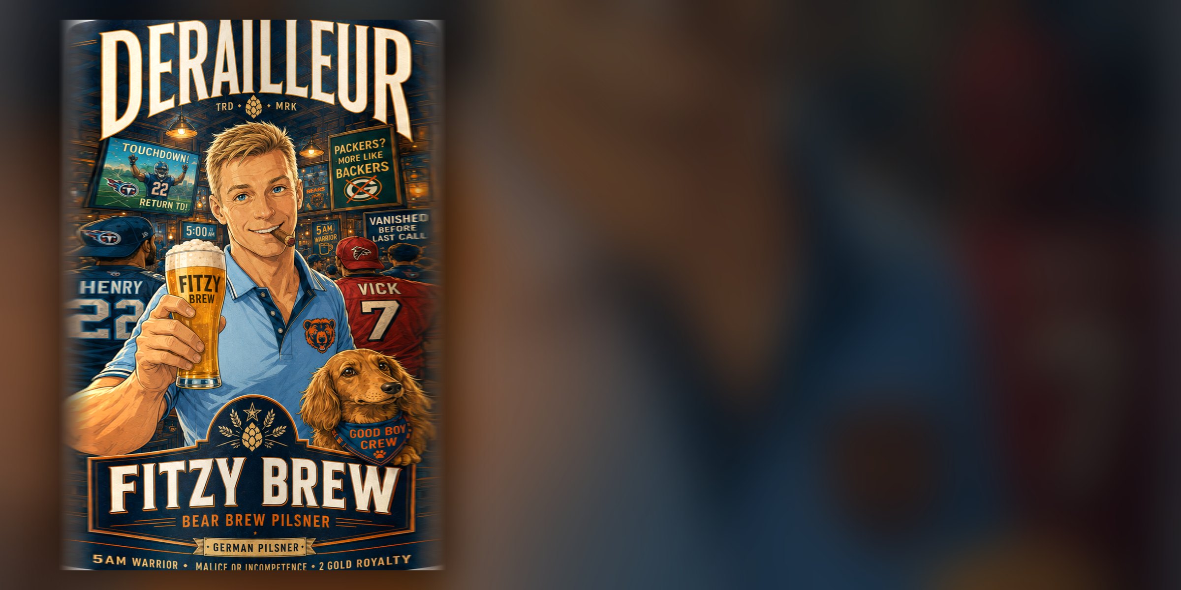 The Fitzy Brew can label unwrapped: Fitzy raising a pilsner in a Bears-themed bar, with the Good Boy Crew dachshund