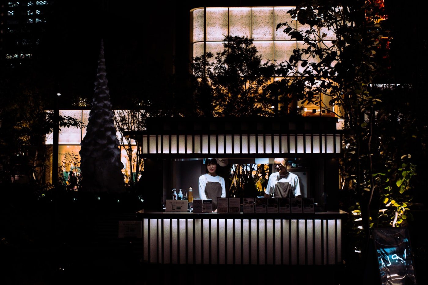 A dimly lit cocktail bar counter in the evening