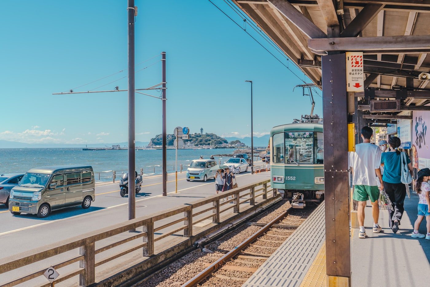 The Enoden railway running beside the coast near Kamakura
