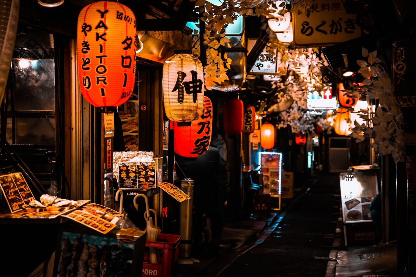 A lantern-lit alley of small bars and izakayas