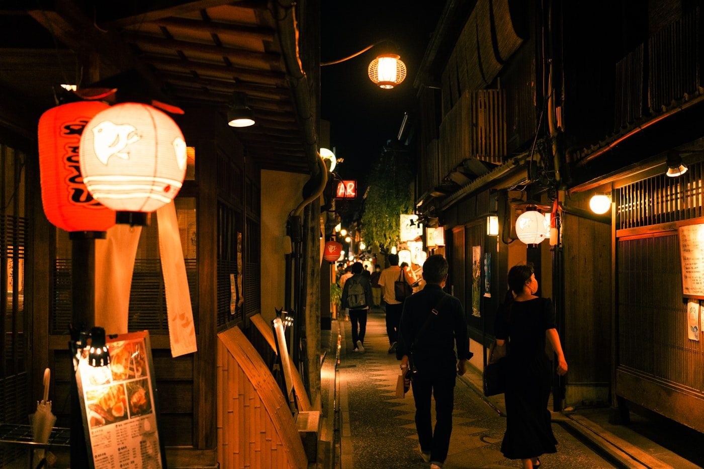 The lantern-lit Pontochō alley at night