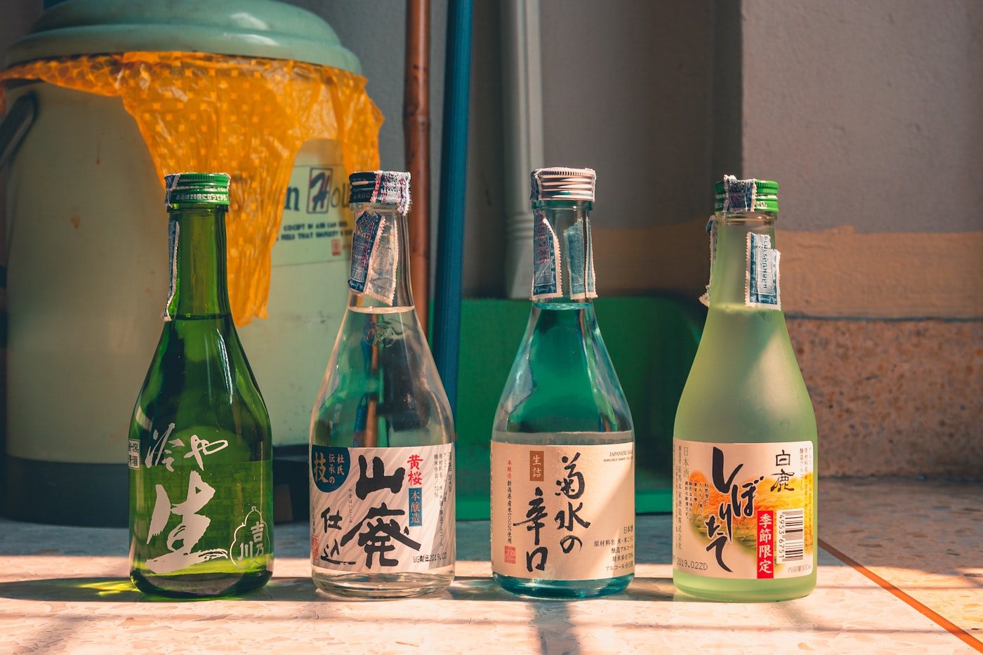 Bottles of Japanese sake on display