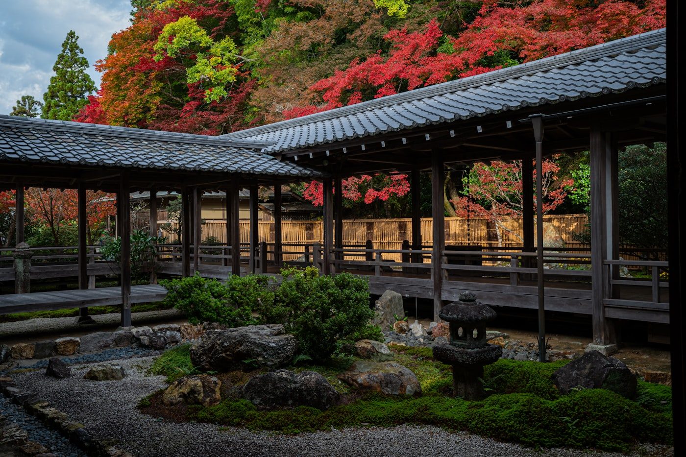 A temple veranda overlooking a garden in Arashiyama