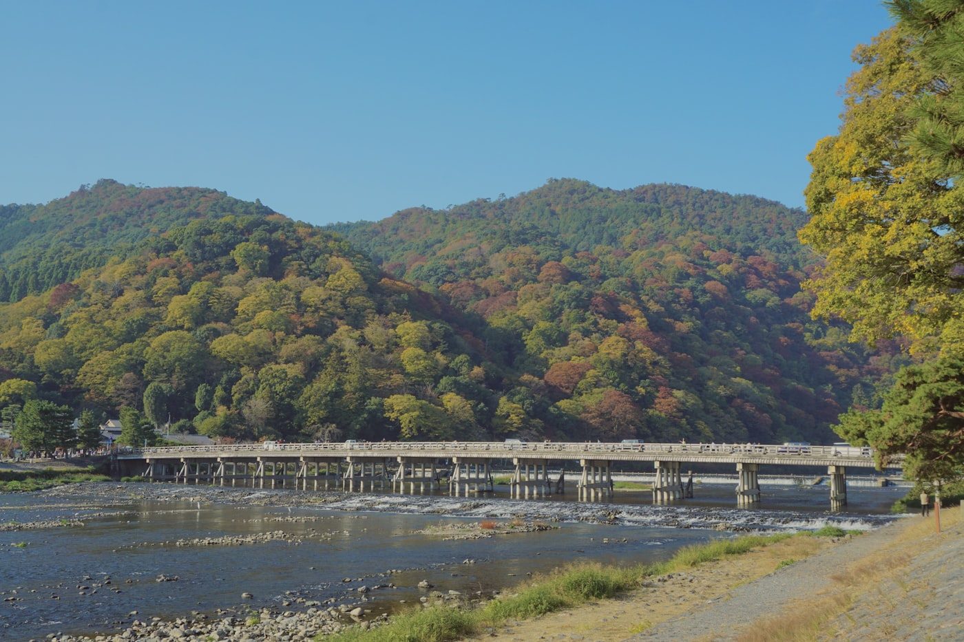 The Togetsukyō Bridge and mountains at Arashiyama